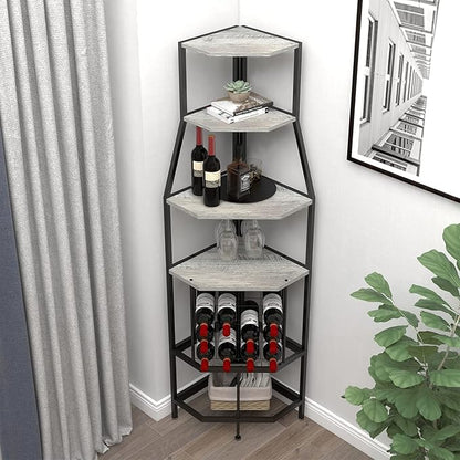 5-Tier Corner Wine Rack Floorstanding with Glass Holder and Bottles Wine Storage Home Bar Furniture for Home Kitchen Dining Room Industrial Metal and Wooden Corner Shelf