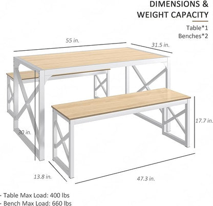 VECELO Kitchen Dining Table Set for 4 to 6, 55" Wood Dinette 2 Benches with Metal Frame for Dinner Breakfast Nook and Small Space, Oak