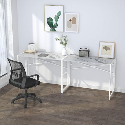 Folding Computer Desk 40 inch Writing Gaming Computer Camping Desk, No Assembly Required Home Office Table, White Marble