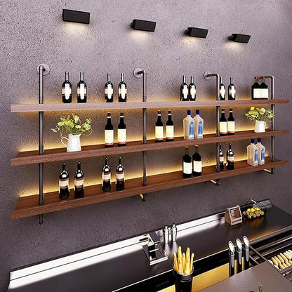 78.7in Large Wine Rack with LED Light Solid Wood Wall Mounted Wine Rack, 3-Tiers Liquor Bottles Floating Shelves Display Storage Organizer for Home Bar & Dining Room (200cm/78.7in)