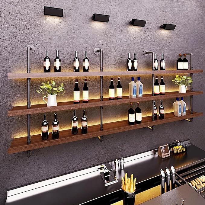 62.9in Large Wine Rack with LED Light Solid Wood Wall Mounted Wine Rack, 3-Tiers Liquor Bottles Floating Shelves Display Storage Organizer for Home Bar & Dining Room (160cm/62.9in)