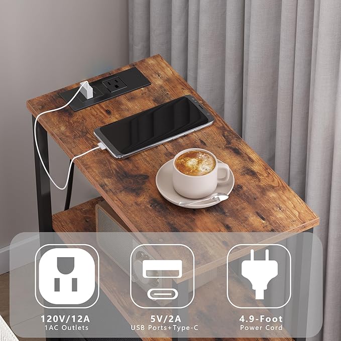 TUTOTAK Small Narrow End Table with Charging Station, Set of 2, Side Table with Outlets, Nightstand with 2 Cloth Drawers, Couch Table, for Living Room, Bedroom, Bedside, Brown and Black TB01BB055K