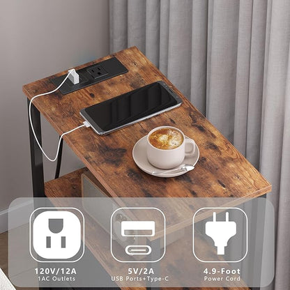TUTOTAK Small Narrow End Table with Charging Station, Set of 2, Side Table with Outlets, Nightstand with 2 Cloth Drawers, Couch Table, for Living Room, Bedroom, Bedside, Brown and Black TB01BB055K