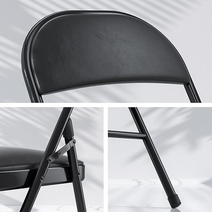 VECELO 4-Pack Folding Chairs Portable Metal with Ultra Soft PU Padded Cushion Seats for Home Office, Black, Square