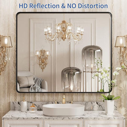 WEER Black Bathroom Mirror, 40X32 Inch Rectangular Matte Black Metal Framed for Wall, Farmhouse Bathroom Vanity Mirror with Tempered Glass, Rounded Corner, Anti-Rust (Horizontal/Vertical)