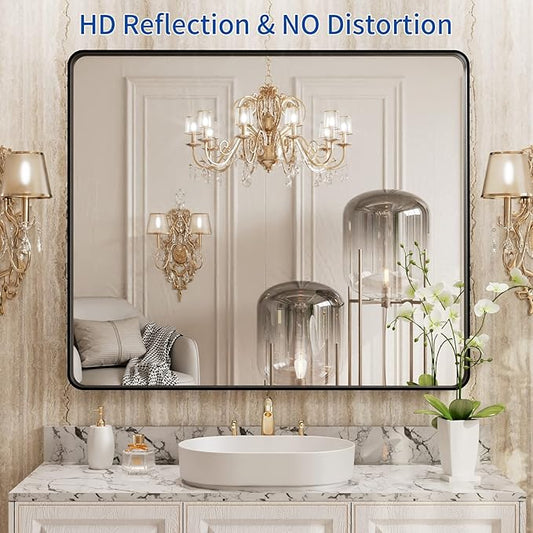 WEER Black Bathroom Mirror, 40X32 Inch Rectangular Matte Black Metal Framed for Wall, Farmhouse Bathroom Vanity Mirror with Tempered Glass, Rounded Corner, Anti-Rust (Horizontal/Vertical)