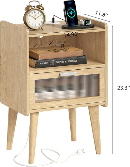 Nightstand with Charging Station, Bedside Tables with Glass Decorative Door, Natural End Table, Side Table with 2 Tiers Storage Space for Bedroom Living Room CAMLBZ07YE