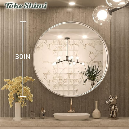 TokeShimi Round Mirror 30 Inch Brushed Silver Round Bathroom Mirror for Wall Non-Rusting Aluminum Alloy Brushed Silver Metal Frame Modern Circle Mirror Fit in Minimalist Multi Style for Decor