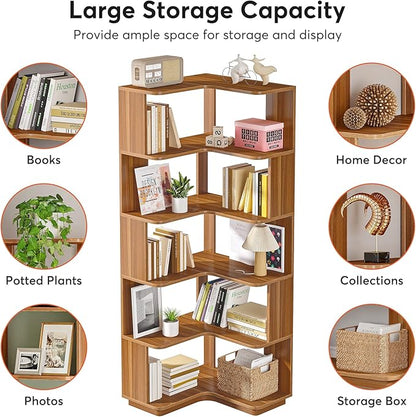 LITTLE TREE 6-Shelf Corner Bookshelf, 65” Tall L Shaped Bookcase, 6-Tier Industrial Corner Shelf Storage Display Rack for Living Room Home Office, Wood Grain Walnut