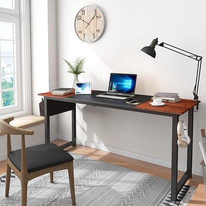 Decoholic 63 Inch Home Office Computer Two-Color Panel Desk with Storage Bag and Hook, Black, Sandalwood Color, Industrial Modern Laptop Desk