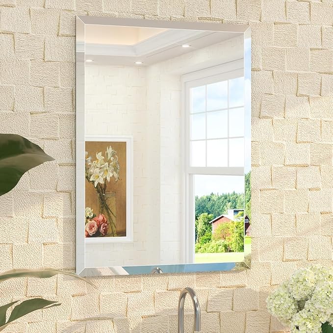 KOHROS Bathroom Mirror 36” x 24" Large Frameless Rectangle Bathroom Wall Mirror w/Polished Edge, Anti-Rust, Tempered Glass, Horizontally or Vertical Hanging (Silver)