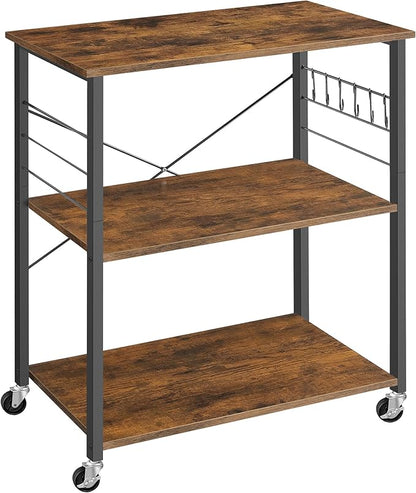 VASAGLE Kitchen Shelf on Wheels, Serving Cart with 3 Shelves, Kitchen Cart, Microwave Shelf, for Mini Oven, Toaster, with 6 Hooks, Industrial Style, Rustic Brown and Black UKKS067K01