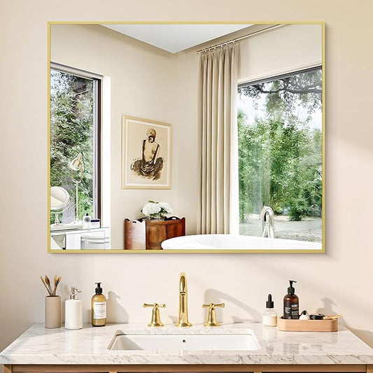 KOCUUY Gold Bathroom Mirror, 30"x36" Rectangle Bathroom Mirror for Wall, HD Tempered Glass, Anti-Rust Frame, Modern Design for Bathroom, Bedroom, Living Room, Entryway