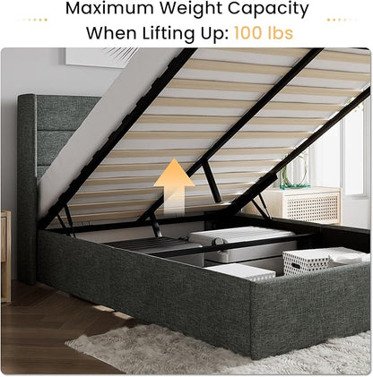 SHA CERLIN Queen Size Lift Up Storage Bed/Modern Wingback Headboard/Upholstered Platform Bed Frame/Hydraulic Storage/No Box Spring Needed/Wood Slats Support/Dark Grey