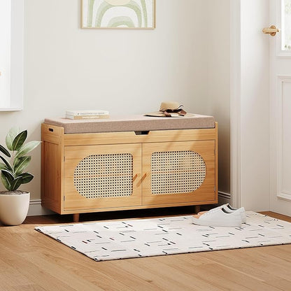 Rattan Shoe Storage Bench,Bamboo Entryway Bench, 2-Tier Shoe Rack,35.4" W x 12.6" D x 19.7" H with 2 Doors & Padded Seat Cushion for Entryway, Living Room, Bedroom, Natural