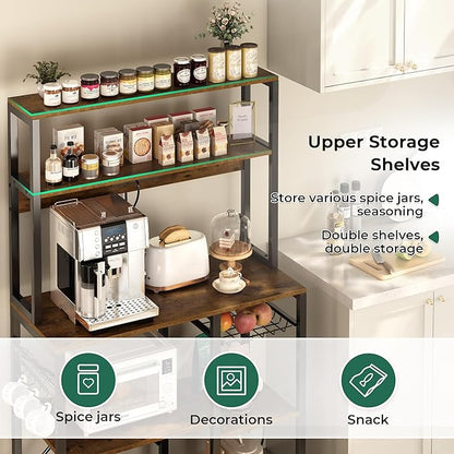 SUPERJARE Bakers Rack with Power Outlet, 35.4 Inches Coffee Bar with Wire Basket, Kitchen Microwave Stand with 6 S-Shaped Hooks, Open Storage Shelves, Rustic Brown