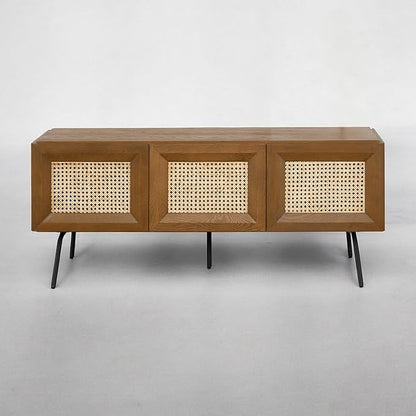 NTC Mossic TV Media Cabinet with 3 Doors for TVs, Entertainment Center with Natural Rattan, Metal Legs, Modern Storage Console for Living Room and Bedroom, Effortless Assembly, Rustic Oak