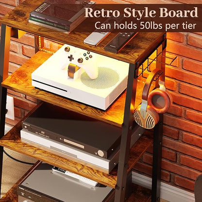 4-Tier AV Media Stand with Power Strips, Heavy Duty Stereo Cabinet Stand with LED Lights, Wooden Record Player Stand with 2 Hooks, Audio Stand Furniture Perfect for DVD Player/Game Console/TV Box/Xbox