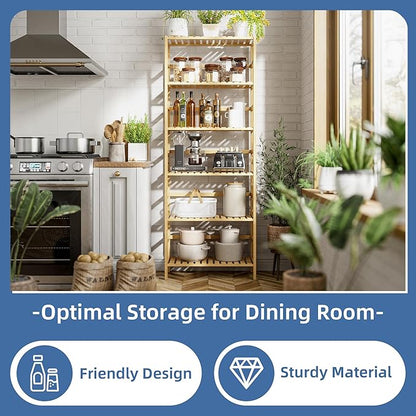 HITNET Bamboo Shelf, 6-Tier Adjustable Tall Open Bookcase, Bathroom Storage Rack Freestanding Shelving Unit, Plant Display Stand for Small Space, Natural