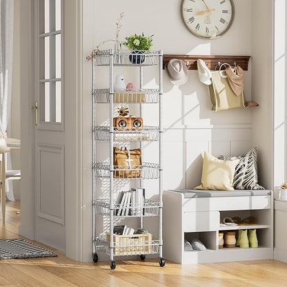 SINGAYE 6 Tier Shelf Adjustable Storage Shelves Rack Standing Units with Wheels Closet Wire Shelving Organizers Metal Pantry Kitchen Laundry Room 13.5" D x 13.5" W x 63" H Silver