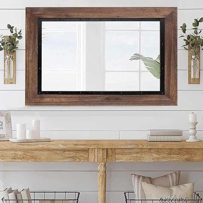YOSHOOT Rustic Wooden Framed Wall Mirror, Natural Wood and Iron Bathroom Vanity Mirror for Farmhouse Decor, Vertical or Horizontal Hanging