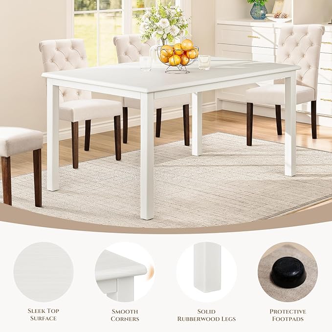 COLAMY 60 Inch Rectangular Kitchen Dining Table for 4, Modern Farmhouse Dining Table Set for 4, Wood Dining Table and Kitchen Dining Chairs for Dining Room, Restaurant, White/Beige