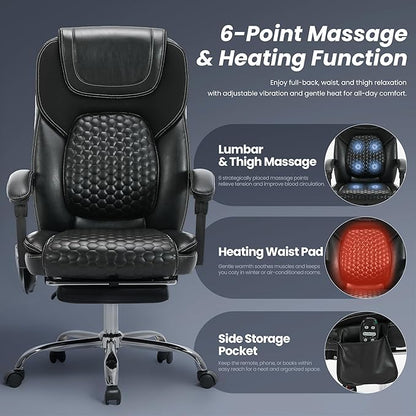2-Pack Massage Office Chair with Heat and Footrest, Ergonomic Reclining Leather Executive Computer Desk Chair with Wheels, Big and Tall Adjustable Chair for Home Office and Gaming, 300 lbs Support
