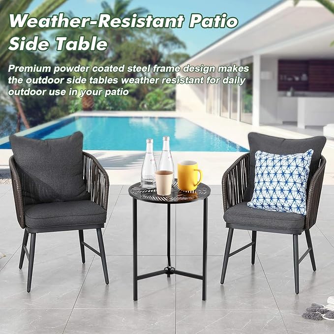 2 Packs 13" Metal Outdoor Side Tables Small Black Outside End Table for Patio Round Accent Corner Stand for Small Spaces Weather-Resistant Coffee Table for Balcony Porch Plant Stand, Palm Leaf
