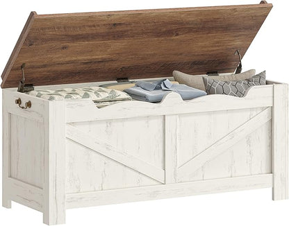 39.4" Storage Chest, Extra Large Storage Trunk with 2 Safety Hinges, Wooden Box Bench, Lift-Top Organizer Chest, Shoe Bench for Entryway, Bedroom, Living Room, White and Brown SB04514B