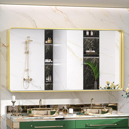 TokeShimi Bathroom Vanity Mirror 48 x 24 Inch Gold Metal Frame Round Corner Rectangular for Home Decor Living Room Entryway (Horizontal/Vertical)