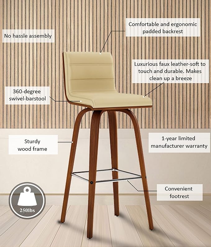 Vienna 30" Swivel Bar Stool in Walnut Wood Finish with Cream Faux Leather - Set of 3