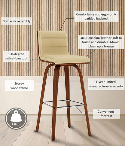 Vienna 30" Swivel Bar Stool in Walnut Wood Finish with Cream Faux Leather - Set of 3