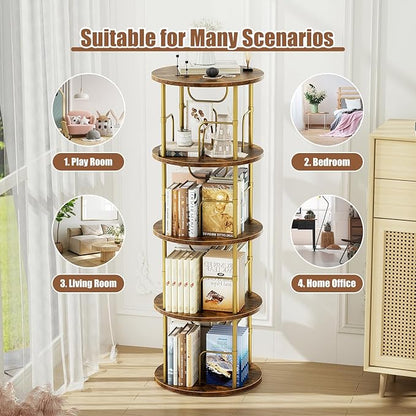 Rotating Bookshelf, 4 Tier Spinning Bookshelf Tower, 360° Display Unique Round Bookcase, Floor Standing Corner Revolving Bookshelf Storage Organizer for Small Spaces, Home Study Office, Gold