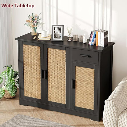 Irontar Kitchen Storage Cabinet, Sideboard Buffet Cabinet with Rattan Doors, Farmhouse Console Table with Drawer, Coffee Bar, Accent Table for Kitchen, Living Room, Hallway, Black and Natural CWG010BM