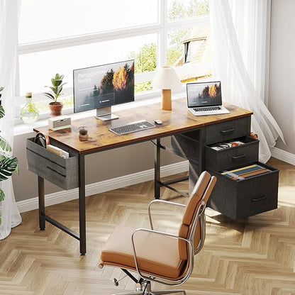 Casaottima 40" Small Computer Home Office Desk for Bedroom with Fabric Drawers & File Cabinet, Cloth Storage Bag and Hook, Writing Study Work Table for Small Space, Vintage
