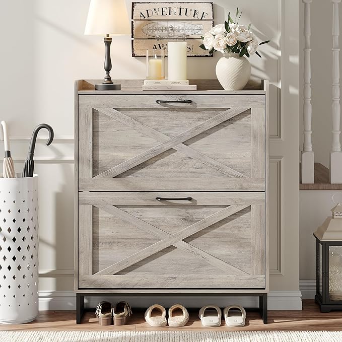 Maupvit Shoe Cabinet with 2 Flip Drawers, Freestanding Shoe Cabinet Organizer with Metal Legs, Shoes Storage Cabinet for Entryway, Narrow Shoe Rack Cabinet, Washed Gray