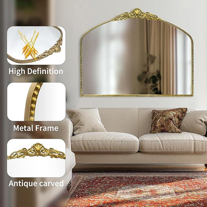 G-LEAF Vintage Baroque Mirror 40"X30",Victorian Antique Mirror, Farmhouse Mantel Mirror with Black Brush Gold Ornate Metal Frame for Fireplace Entryway Living Room Hallway Bathroom