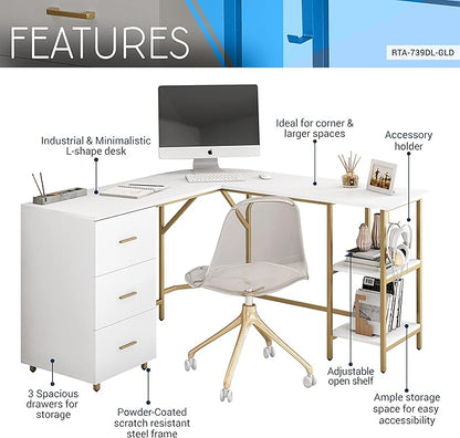 Techni Mobili L Shaped Desk - Two-Toned Computer Desk with Drawers & Storage Shelves - Simple Modern Furniture & Home Office Space Corner Table for Work & Writing