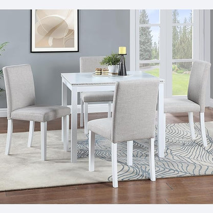 KEIKI 5-Piece Standard Height Dining Table Set with Square Table and 4 Upholstered Chair, for 4 Person, Modern Style Crystal Decoration Wood Table Set, Easy Assembly, for Kitchen, Dining Room, White
