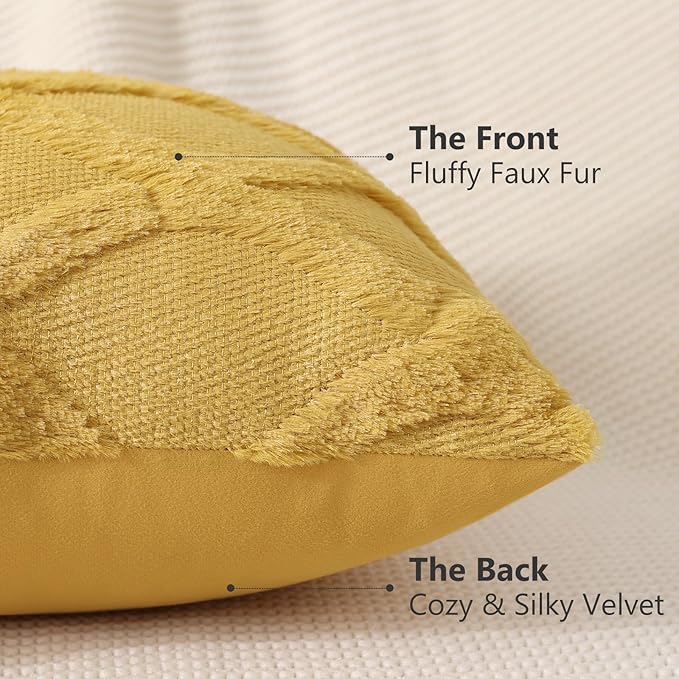 decorUhome Fall Throw Pillow Covers 24x24 Inch Set of 2, Soft Plush Faux Fur Wool Mustard Yellow Couch Pillow Covers, Decorative Neutral Pillow Cases for Bed Sofa Living Room Home Decor