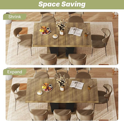 63"-78.7" Expandable Dining Table, 6-10 Rectangle Table, Extendable Console Table, Wooden Farmhouse Kitchen Table with Metal Track & Dual Column Base for Living, Office-Beige Brown