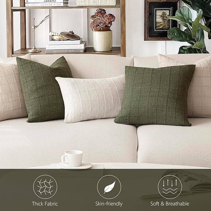 Foindtower Set of 2 Decorative Linen Check Throw Pillow Covers Neutral Farmhouse Vintage Cushion Covers Modern Boho Home Decor for Sofa Chair Couch Bedroom Living Room Outdoor,26×26 Inch,Olive Green