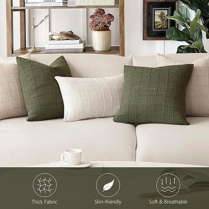 Foindtower Set of 2 Decorative Linen Check Throw Pillow Covers Neutral Farmhouse Vintage Cushion Covers Modern Boho Home Decor for Sofa Chair Couch Bedroom Living Room Outdoor,16×16 Inch,Olive Green