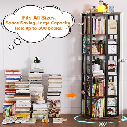 Aheaplus Rotating Bookshelf, Corner Bookcase, 360 Display Wood Spinning Bookshelves, Floor Standing Bookcase Narrow Shelf,5 Tiers, Rustic Brown