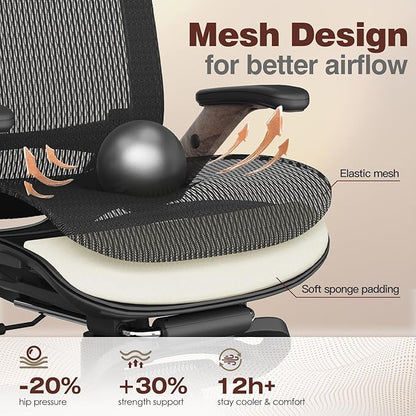 GABRYLLY Ergonomic Office Chair with Footrest, High Back Mesh Computer Chair with Flip-Up Arm, 3D Headrest, 135° Reclining, Rolling Gaming Task Chair with Wide Seat Lumbar Support,400LBS