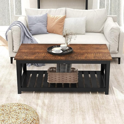 ChooChoo Black Coffee Table, Rustic Vintage Table with Shelf for Living Room, 40 Inch