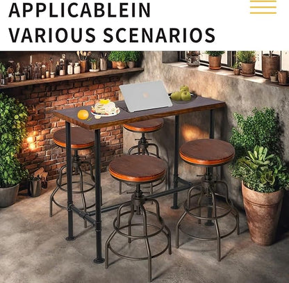 LOKKHAN Vintage Industrial Barstools - 13.8" Dia Round Wooden Brown Seat - Black Metal Base - Adjustable Height: 23.6"-29.5" / Minimalist Design/Raw Rustic Look/Rotating Top Bar Chairs, Set of 4