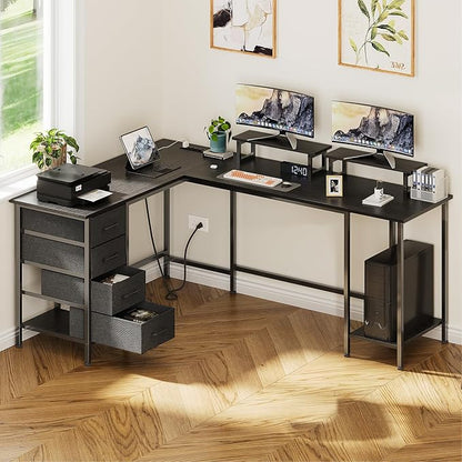 66" L Shaped Computer Desk, 94.4'' Home Office Desk with Power Outlets, 4 Adjustable Storage Drawers & 2 Monitor Stands, Large Two Person Gaming Table for Writing Study, Black