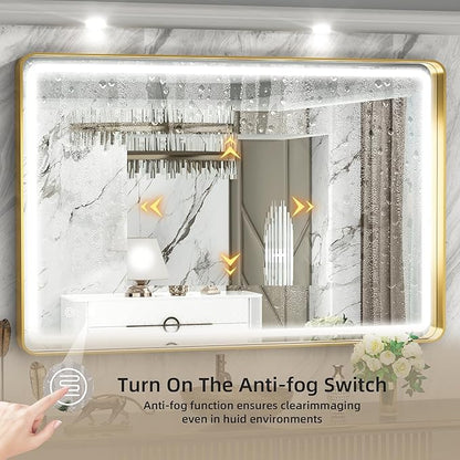 Hasipu 40×30 Inch LED Bathroom Mirror with Lights, Gold Metal Framed Bathroom Light Mirror for Vanity Anti-Fog, Dimmable, 3 Colors (Horizontal/Vertical)