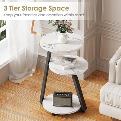 BEWISHOME Round End Table Marble Side Table with Metal Frame, Small Nightstand with 3-Tier Shelves, Night Stand for Living Room Bedroom Tall Black KTZ41H